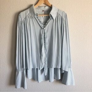 Free People Modern Muse Striped Blouse Blue White Crepe Hi Lo